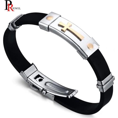 Stainless Steel Gold Color Cross Bracelet for Men Simple Religious Black Rubber Charm Bracelets Spring Clasp Pulsera Masculina