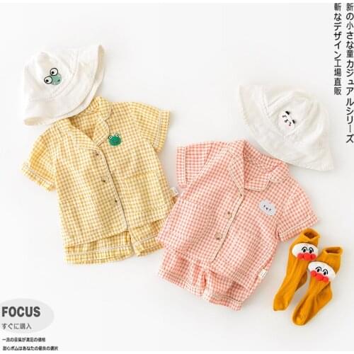 Summer New Kids Pajamas Sets Korean Plaid Homewear Suits for Boys and Girls Plaid Cotton Tops Pants Children Soft Sleepwear Set