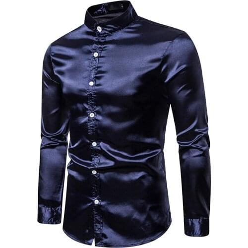 Autumn Men Satin Smooth silk Solid Casual Dress shirt fashion Wedding Party Slim Shiny Long Sleeve Henry Shirts Chemise Homme