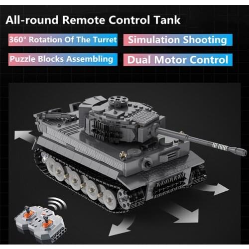 Puzzle Block Assembling RC Tank 1:35 360 Degree Rotation Turret Barrel Lift Dual Motor All-round Remote Control Tiger Tank Model