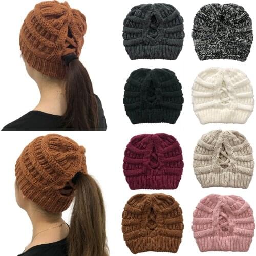 Womens Beanie Ponytail Messy Bun BeanieTail Ribbed Hat Cap Women Winter Beanie Hat Thick Slouchy Snow Knit Skull Ski Cap
