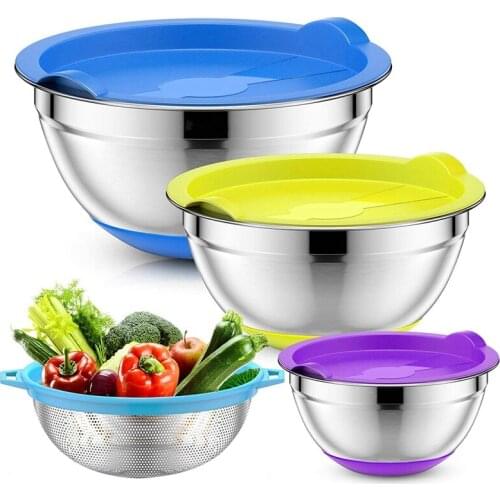 Mixing Bowls with Airtight Lids & Colander, 4Pcs Stainless Steel Nesting Bowls for Kitchen, Non-Slip Silicone Bottom