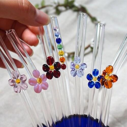 1PC Handmade Flower Glass Straw Drinking ECO-friendly Household Reusable Glass Straws Bent For Smoothies Tea Juice Coffee