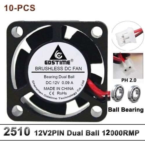 5pcs Gdstime Mini 12V DC Brushless Cooling Fan 25mm 25x25x10mm Dual Ball Bearing For 3D Printer Fan Cooler