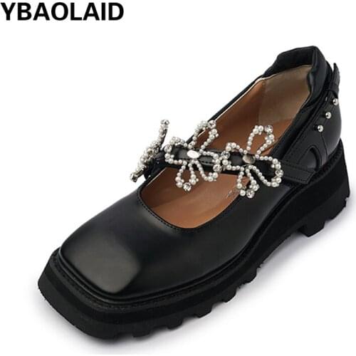 Vintage Square Head Pearl Flower Platform Mary Jane Shoes Solid Color Shallow Mouth Rhinestone Thick Heel Small Leather Shoes
