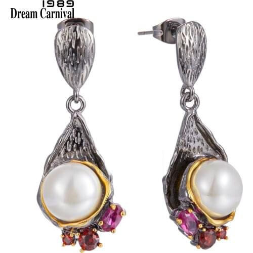 Dreamcarnival1989 Elegant Pearl Drop Earrings for Women Dating Must Have Fuchsia Dazzling Zircon Love Anniversary Jewelry WE3986