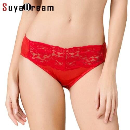 SuyaDream Women Panties 100% Natural silk Low Rise Underwear Lace Panties Everyday Sexy Lace Briefs for Women Red Black Nude