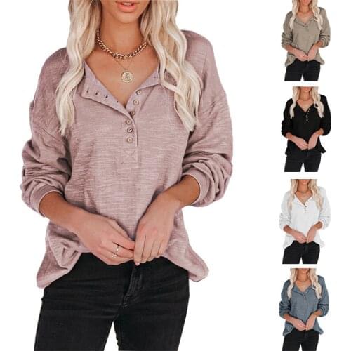 Womens Solid Color Loose Sweatshirt 2021 Autumn Pullover Long Sleeve Casual New Style Breasted Lantern Sleeve Blouse Women