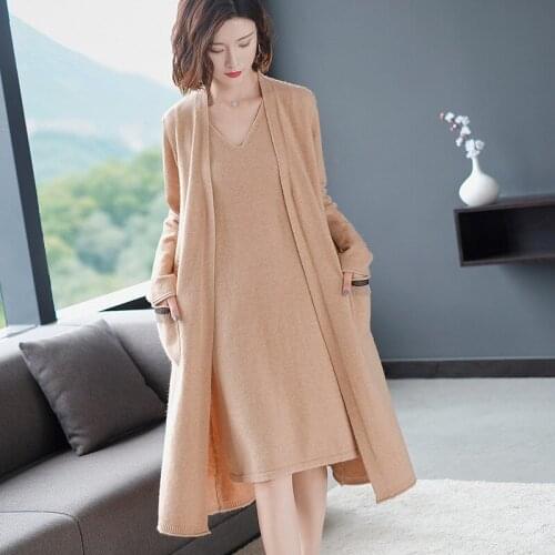 2019 Autumn Winter Women Knit Wool Blends Cardigan Coat Knitwear Jackets+Two Piece Sleeveless Knit Dress Set AA5092