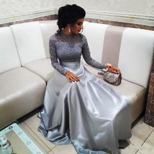 Modest Silver Lace Evening Dresses with Long Sleeves Vintage High Neck Prom Dress Elegant Floor Length A-line Special Occasion D