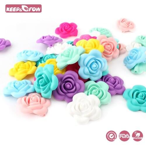 Keep&Grow 100Pcs Silicone Rose Beads Food Grade Baby Teethers Flower Shaped Baby Teething Toys DIY Pacifier Chain Pendant