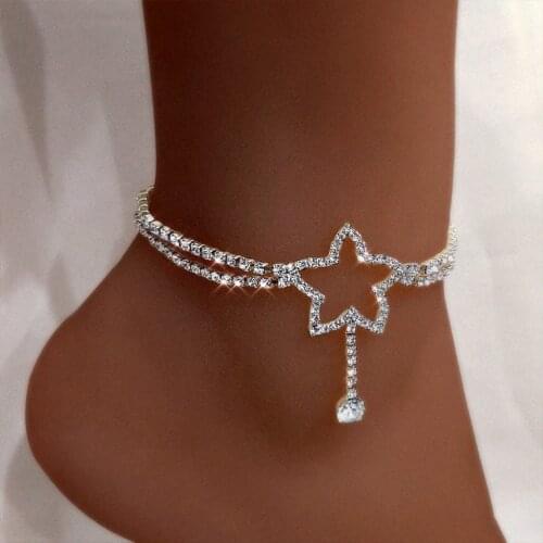 Shiny Double Layer Tennis Stars Anklet Bracelet Women Jewelry Wholesale Hollow Star Heart Rhinestone Ankle Chain Beach Jewellery
