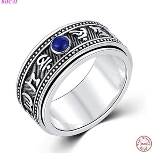 BOCAI Original design Solide S925 sterling silver rings six character truth words Lapis Lazuli Thai silver rings for men women