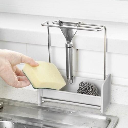 Kitchen Sponge Holder Sink Cleaning Brush Soap Rack Drain Tray Rag Hanging Shelf Kitchen Accessories