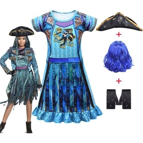 Childrens Halloween Descendants3cosplay costume Childrens mid-length childrens Cosplay hat + dress Halloween wig