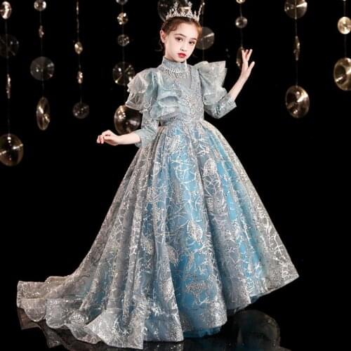 High-End Sequines Children Trailing Evening Gown Wedding Birthday Party Princess Kids Piano Host Dress For Girls L732