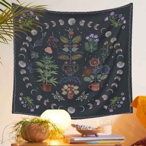 Flower and Moon Printed Tapestry Wall Hanging Nordic Home Living Room Bedroom Fabric Hanging Painting Background Decoration
