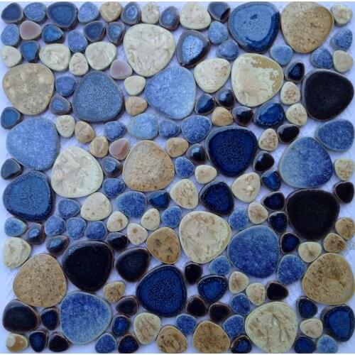 Blue Beige Glazed Pebble Ceramic Mosaic Tile for DIY kitchen backsplash bathroom shower garden pool floor tile wall brick, 11 PC
