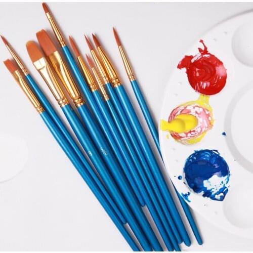 Hotselling 1000 Pieces (10 pcs/pack) Pearlescent Blue Rod Nylon Hair Multifunctional Drawing Pen Watercolor Oil Brush Set