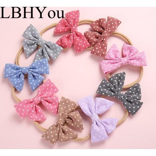 1pcs Sweet Dot Linen Bows Nylon Headbands,One Size Fit Most Cotton Bowknot Nylon Headwraps Soft Head Wraps,Baby Girls Hairbands
