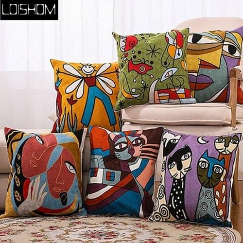 Drop Ship Cotton Canvas Embroidery Pillow Cover Picasso Cushion Cover Home Decor Cushion Decorative Pillow Case Pillow Sham 45cm