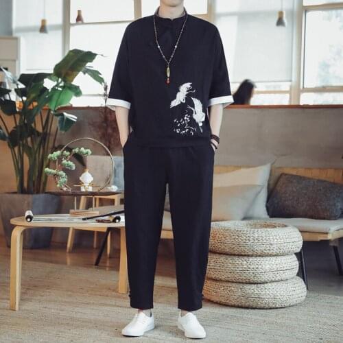 Shirt + trousers) spring men shirt Man Cotton and linen printing shirts mens High quality casual fashion shirts men size M-5XL