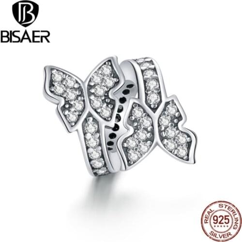 BISAER Dream Butterfly Beads 100% 925 Sterling Silver Shiny Zircon Charm Pendant Fit DIY Making Bracelet Necklace Jewelry EFC379