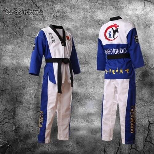 Blue Top Quality Colored Adult Male Female Kids taekwondo uniform with embroidery Taekwondo dobok Suit for training clothes