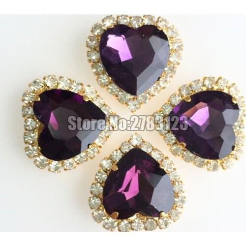 Deep purple 12mm heart shape Crystal buckle, gold base Glass sew on rhinestones use for diy/clothing accessories SKHJ16