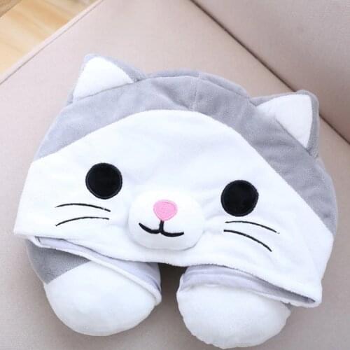 Cute Cartoon Animal Cat U Shape Hoodie Pillow Travel Hooded Pillow Neck Support Rest Cushion with Hat for Sleep Outdoor Airplane