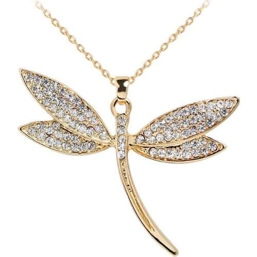 Elegant Gold Dragonfly CZ Pendant Chain Necklace For Women Charming Lady Wedding Party Jewelry Fashion New Year Gift Accessories