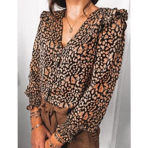 Ladies Autumn/Winter 2021 V-neck floundered print long-sleeved casual vintage blouse