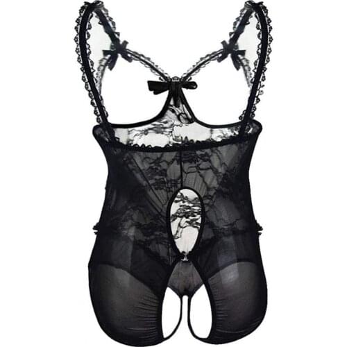 Women Sexy Nightwear Solid Color Lace Mesh Bowknot Hollow See Through Erotic Sleepwear Underwear Nightgown Plus Size Sex Costume