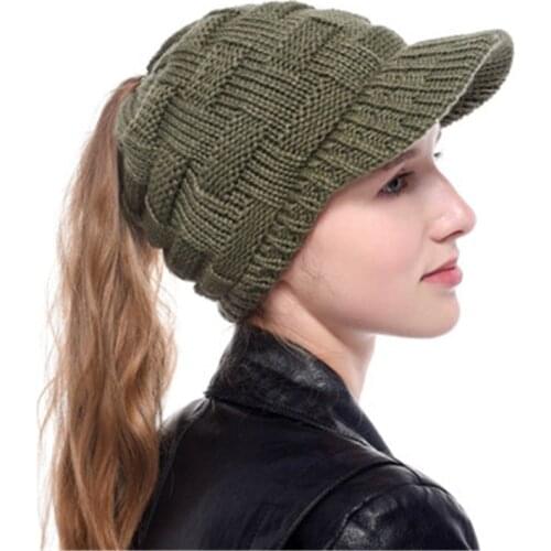 Ear Warm Casual Loose Ponytail Wool Knitted Women Fall Winter Baseball Cap Hat Elastic Fashion Accessories Outdoor