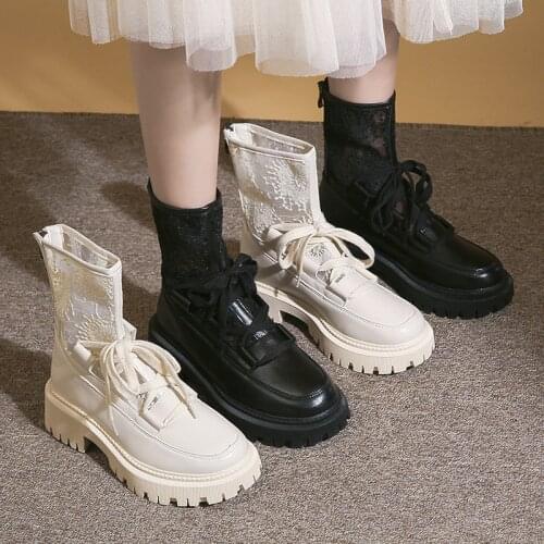 Woman Spring New Martin Boots Non-Slip Women Raise The Bottom Round Toe Hollow Breathable Short Lattice Women Low Heels Booties