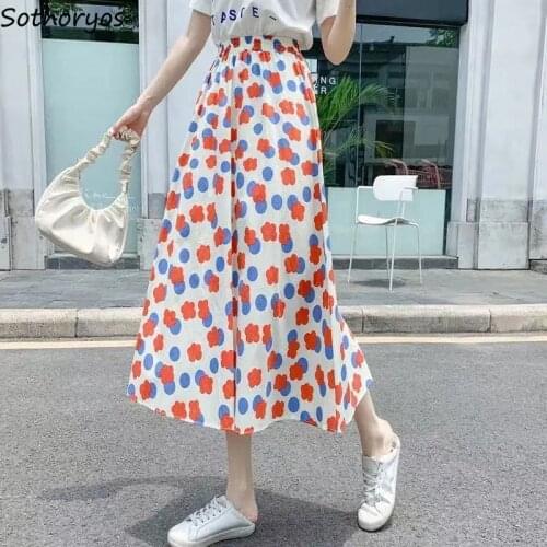 Women Floral Skirts Mid-calf Stylish A-line Draped Elastic Waist All-match Elegant Temperament Retro Streetwear Plus Size M-4XL
