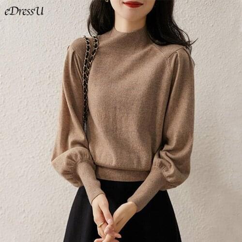 Women Elegant Sweater Mock Neck Cashmere High Quality 2021 Autumn Jumper Lantern Sleeves Pullover Office Lady Knitwear GGJ-00