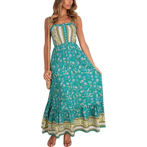 Womens Retro Boho Long Dress Floral Pattern Boat Neck Sleeveless Dresses Summer Loose Elegant Sundress 2021 Bohemian Vestidos