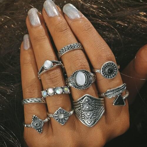 Punk 10 Pcs/set Retro Ethnic Exaggerated Gems Finger Rings Set for Women Party Gift