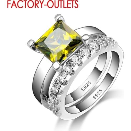 New Elegant Yellow Cubic Zirconia Crystal 925 Women Wedding Ring Set Brand Princess Cut Engagement Ring