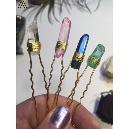 10PCS Gold Wire Wrapped Titaninum Blue Pink Quartz Point Hair Pins Headband For Women Crystal Hairpins Tiara Jewelry HG011AMA.H