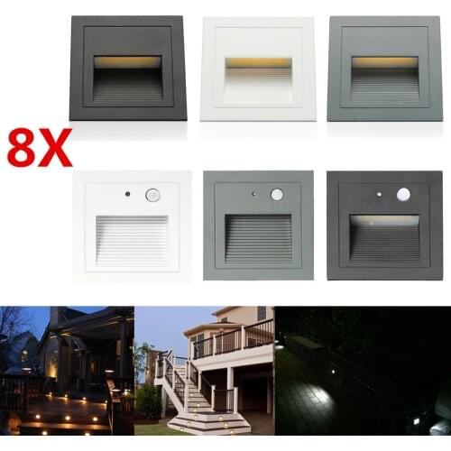 8X Outdoor 3W 85-265V Wall Plinth Staircase Step Light Corridor Corner Lamp Aluminum Recessed Footlight Deck Lights+Embedded Box
