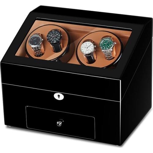 JQUEEN Automatic Wood Watch Winder Display Box 4+9 Storages Black Baking Finish 5 Modes Drawer with Key