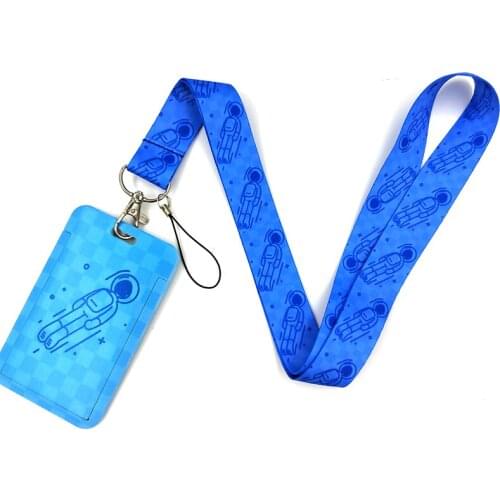 Cute Blue Universe Astronaut Lanyard Keychain ID Card Pass Gym Mobile Phone Hang Rope Decoration Webbing Straps Keyring Holder