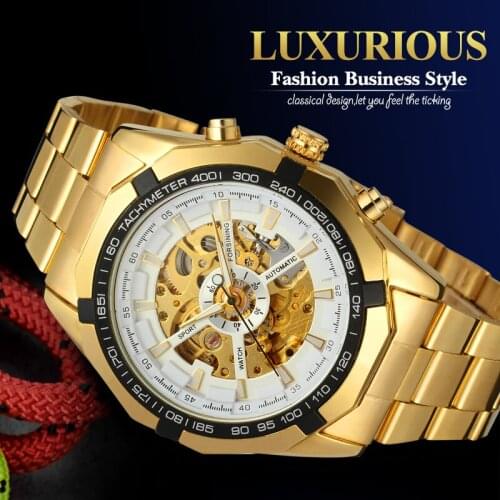 Forsining Luxury Gold Automatic Men Watches Full Steel Bracelet Skeleton Relojes Round Dial Mechanical Wristwatches