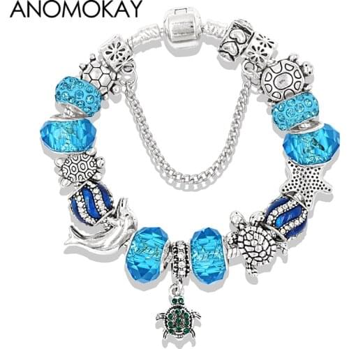 Sea Green Crystal Turtle Charm Bracelets & Bangles Silver Color Ocean Animal Bead Bracelet Diy Fashion Jewelry Gift