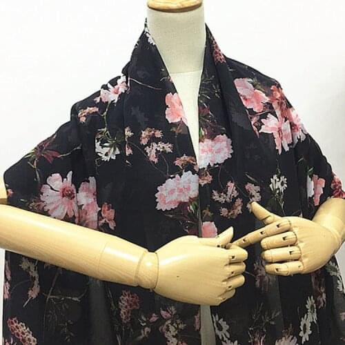 Floral print black pure silk Georgette gauze chiffon fabric soft for dress skirt,SCG708