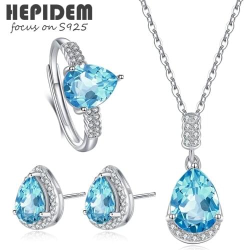 HEPIDEM 100% Really Topaz Necklace Rings Earrings Women 925 Sterling Silver Fashion Korean Natural Blue Fine Jewelry Set H005