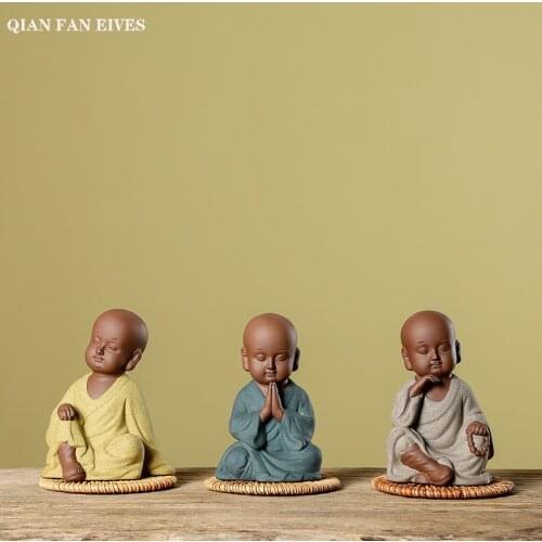 Purple Clay Meditation Little Monk Statue，Hand made Painted，Modern art sculpture ， cute character home decoration ornaments