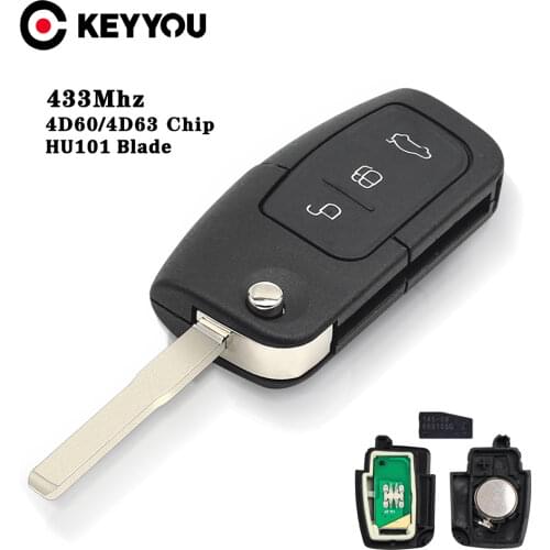KEYYOU ASK 433MHz 4D63/4D60 Chip Remote Key For Ford Focus 3 Mondeo C Max S Max Galaxy Fiesta Uncut HU101 Blade Case 3 Buttons
